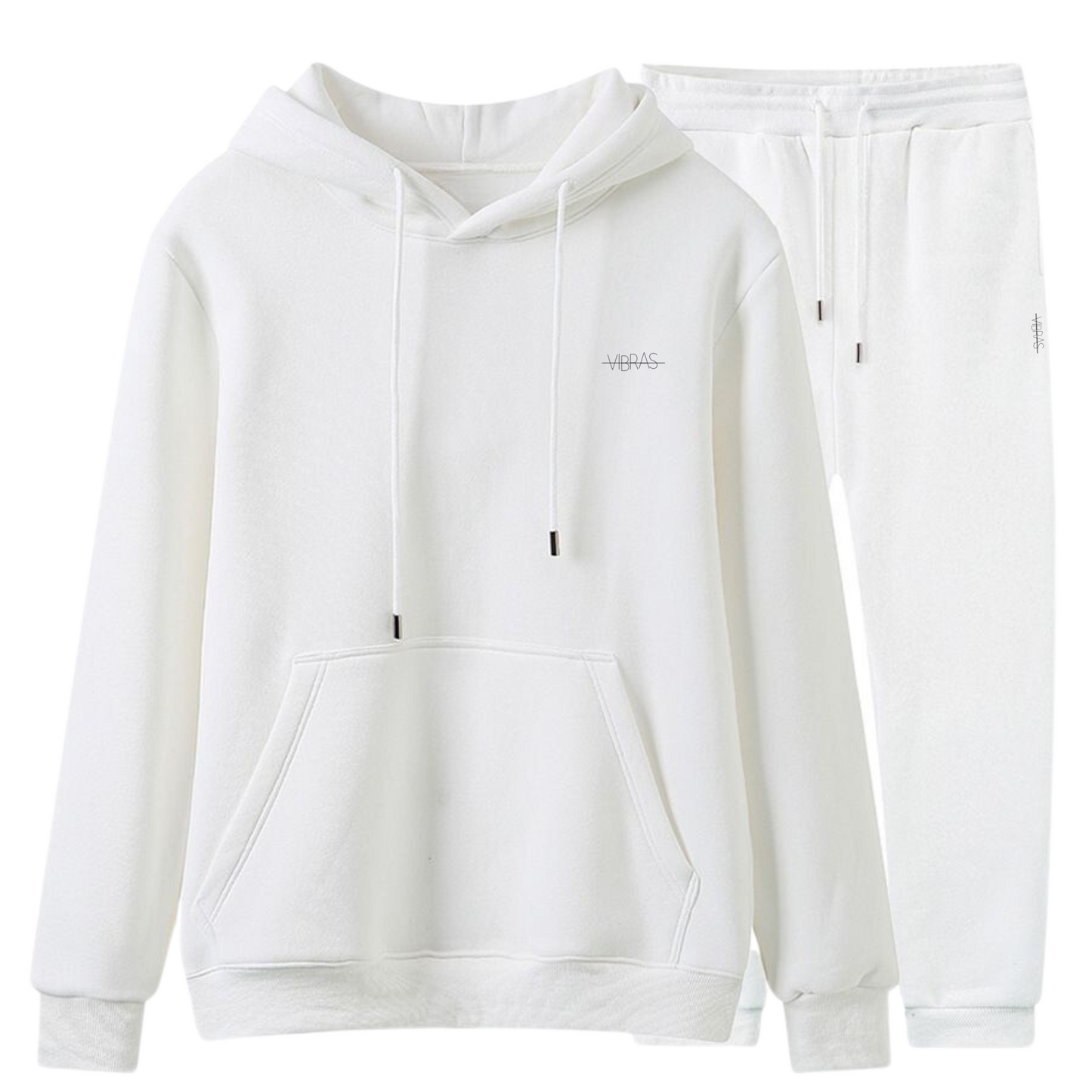 Photo of a cozy and unisex fleece tracksuit set in cotton white.