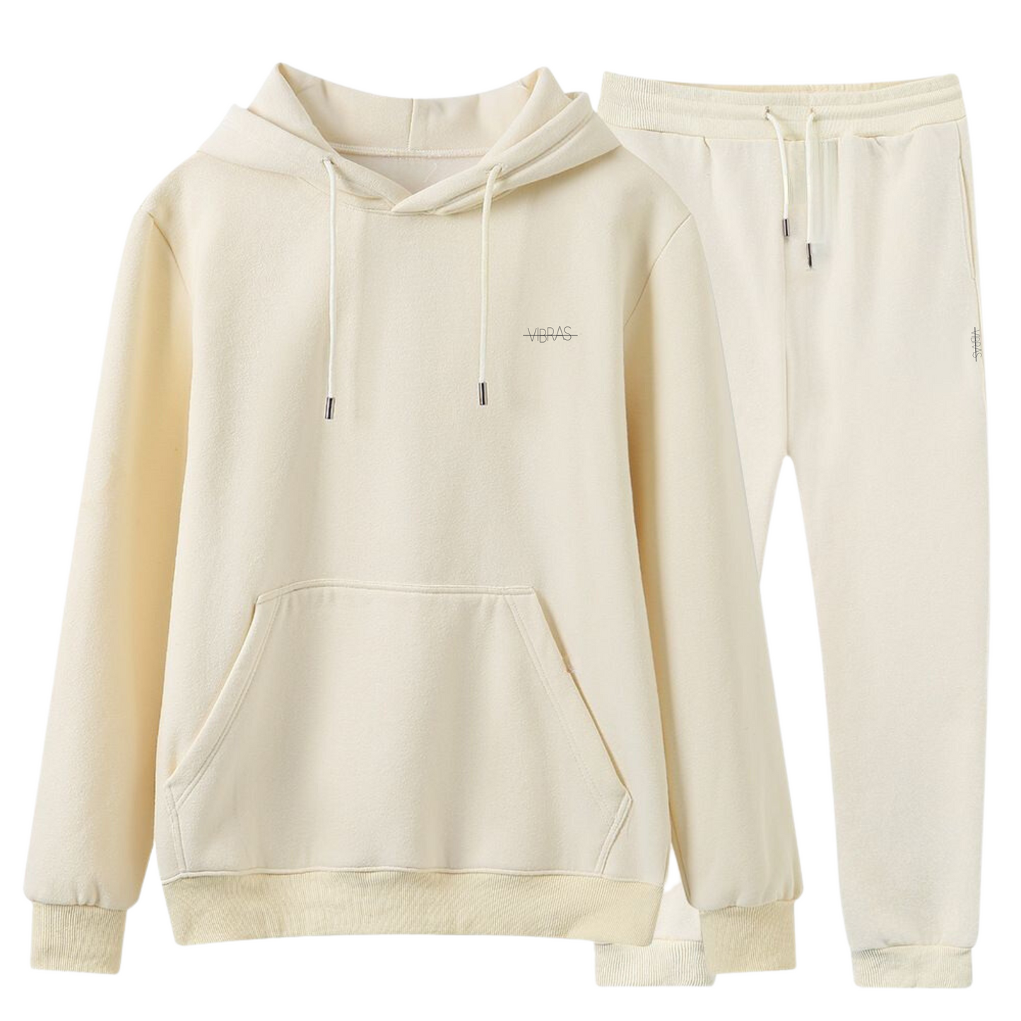 Photo of a cozy and unisex fleece tracksuit set in a cream shade.