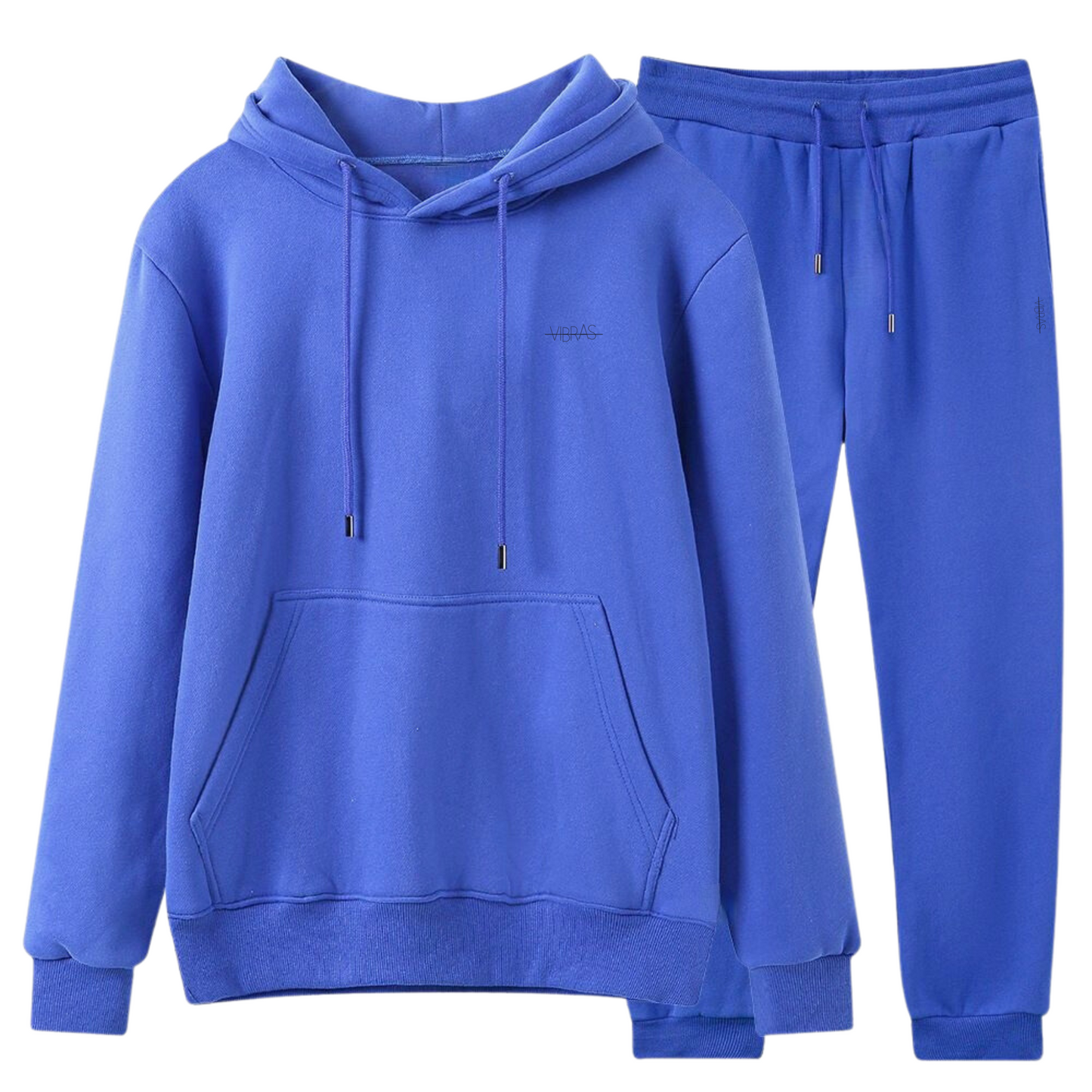 Photo of a cozy and unisex fleece tracksuit set in cobalt blue.