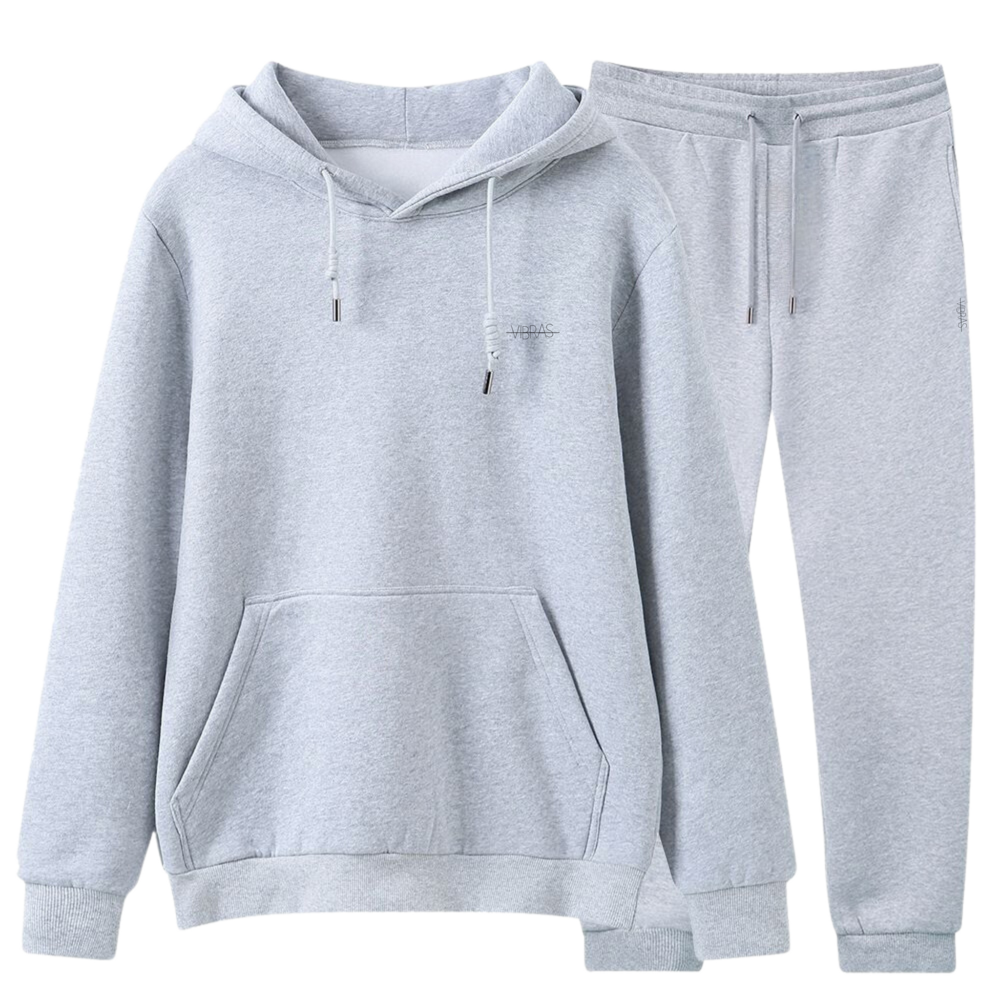 Photo of a cozy and unisex fleece tracksuit set in the colour gray.