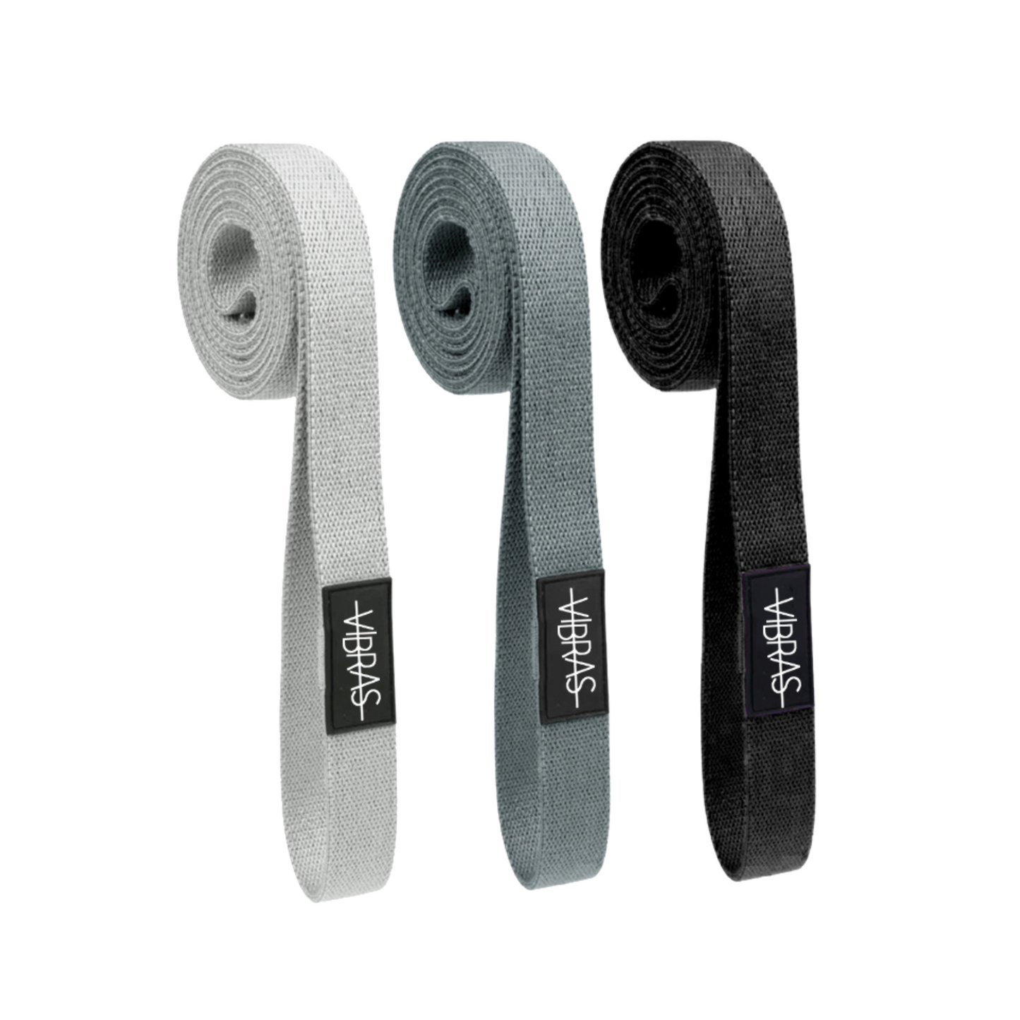 A set of three dark coloured long body resistance bands from vibras on a white background