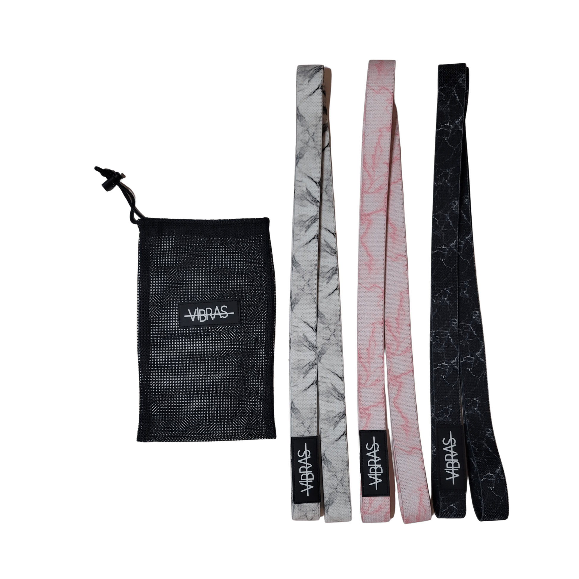 A set of three marble long and loop resistance bands  with a small mesh bag from vibras on a white background