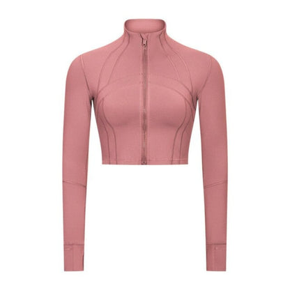 Front view of A Rosewood Crop Jacket from Vibras Activewear.