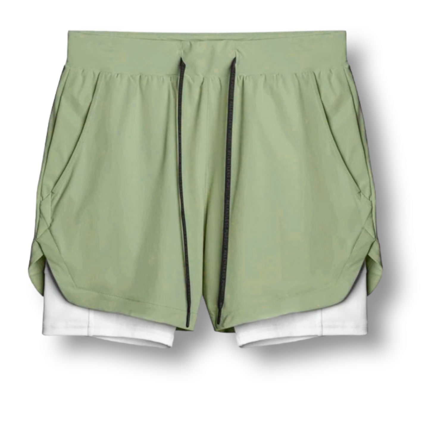 a pair of green mint elijah gym shorts with liner underneath on a white background
