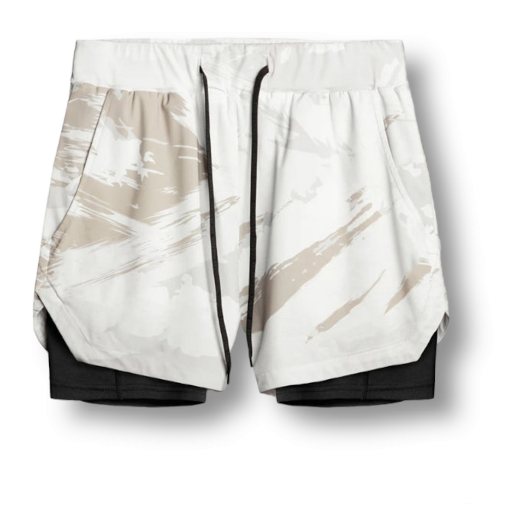 a pair of white camoflage elijah gym shorts with liner underneath on a white background