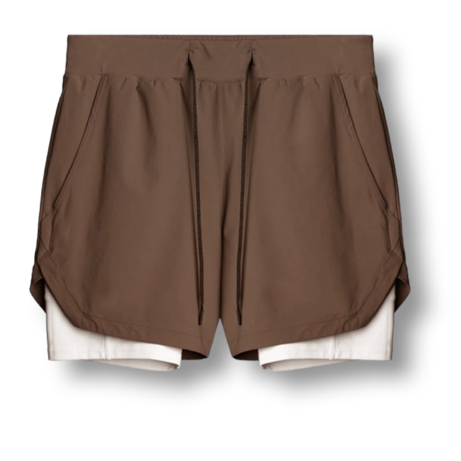 a pair of brown elijah gym shorts with liner underneath on a white background